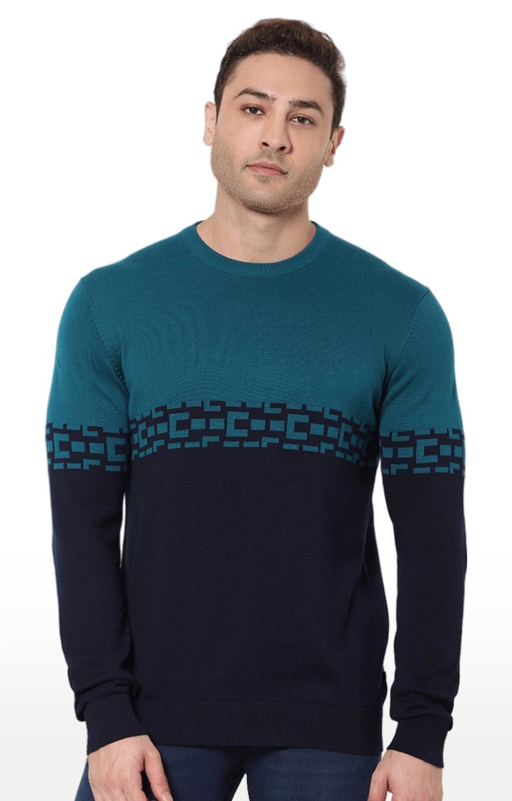 Men's Blue and Green Cotton Colourblock Sweaters