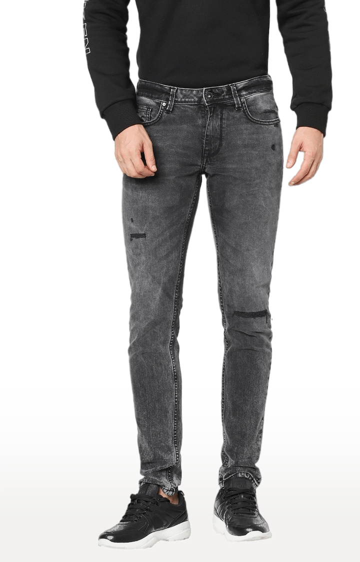 Men's Grey Cotton Solid Ripped Jeans
