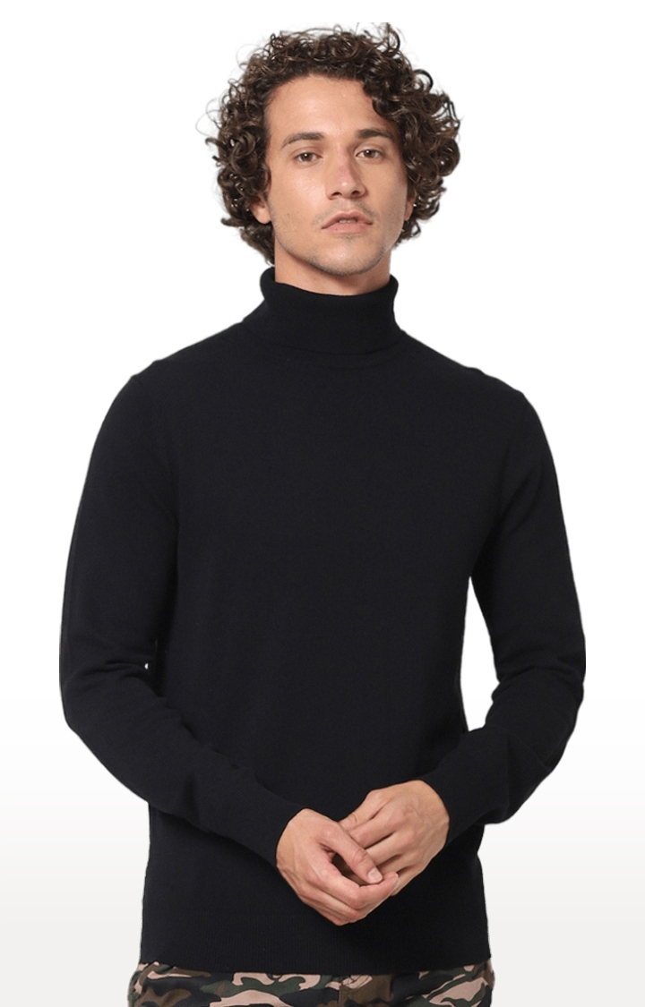 celio | Men's Black Cotton Blend Solid Sweaters