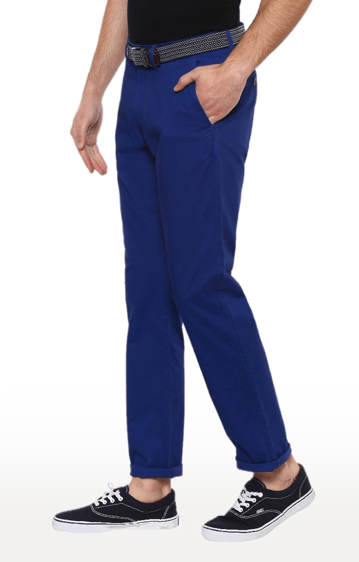 Men's Blue Cotton Solid Trouser