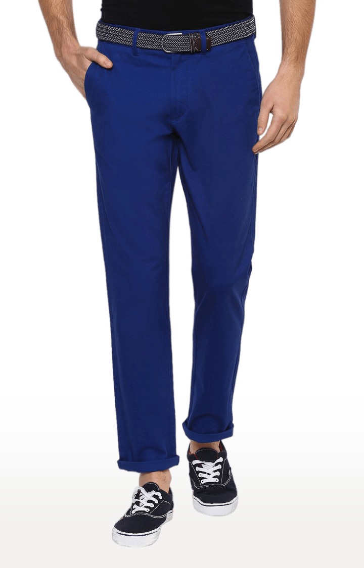 Men's Blue Cotton Solid Trouser