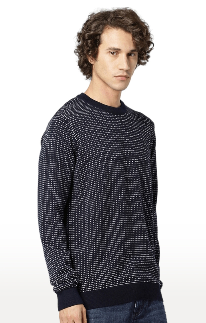 Men's Navy Blue Cotton Printed Sweaters