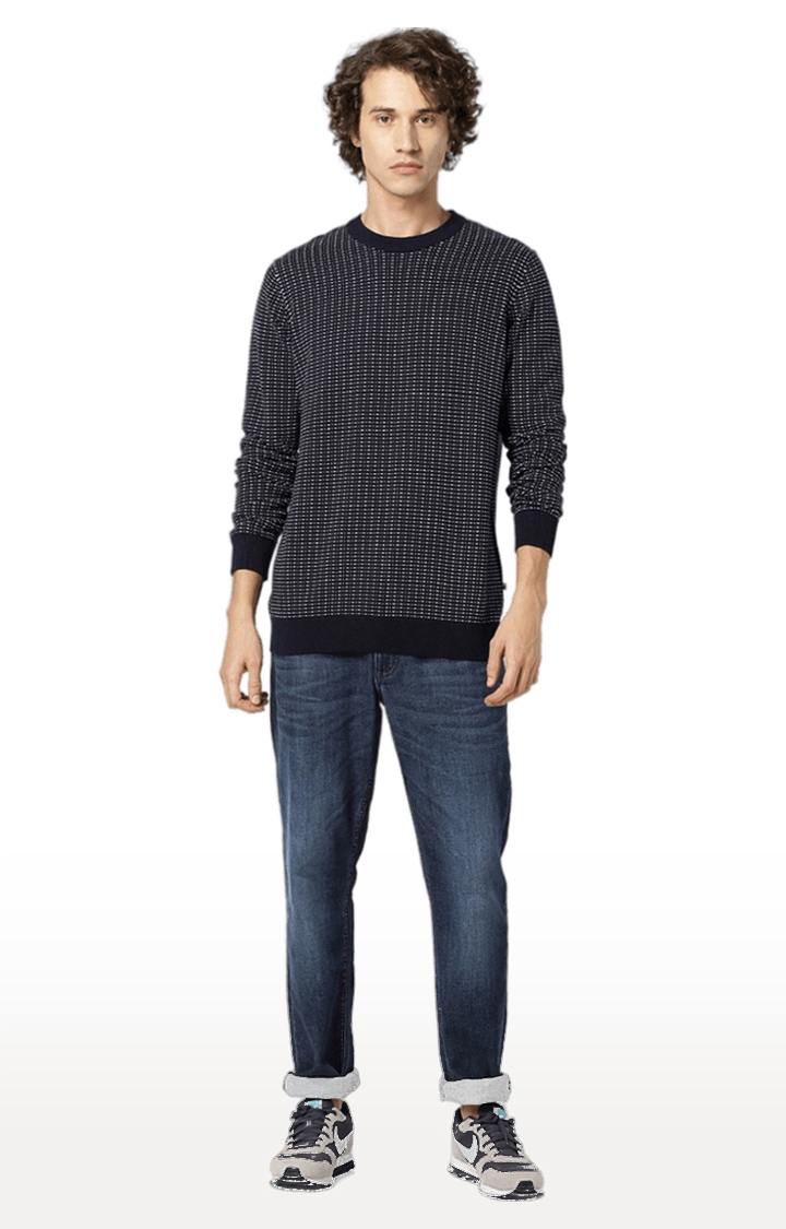 Men's Navy Blue Cotton Printed Sweaters