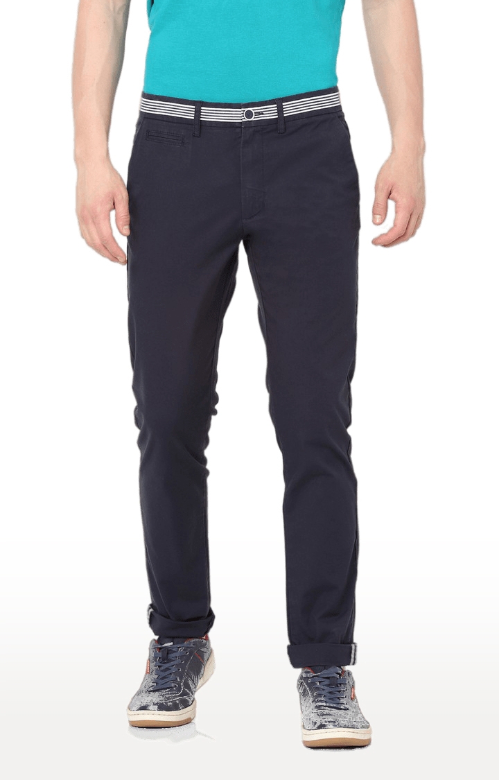 Men's Blue Cotton Solid Trouser