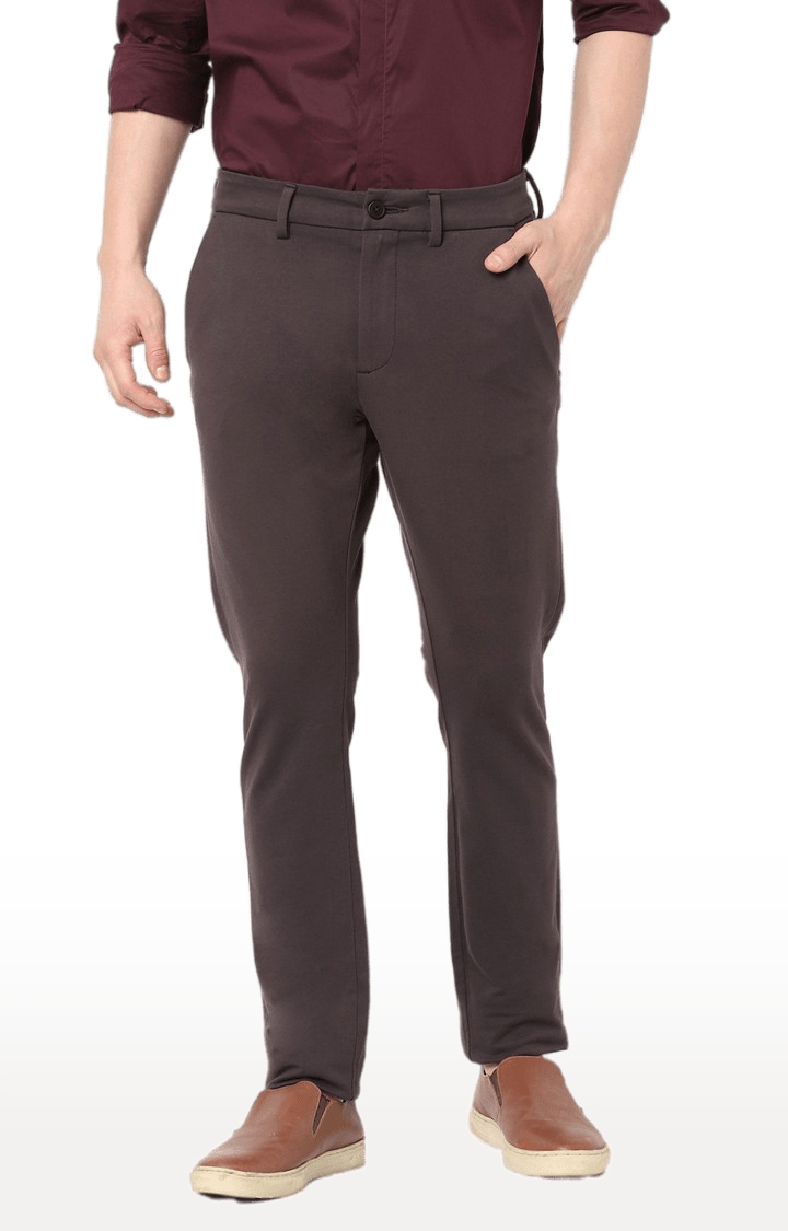 Men's Brown Cotton Solid Trouser
