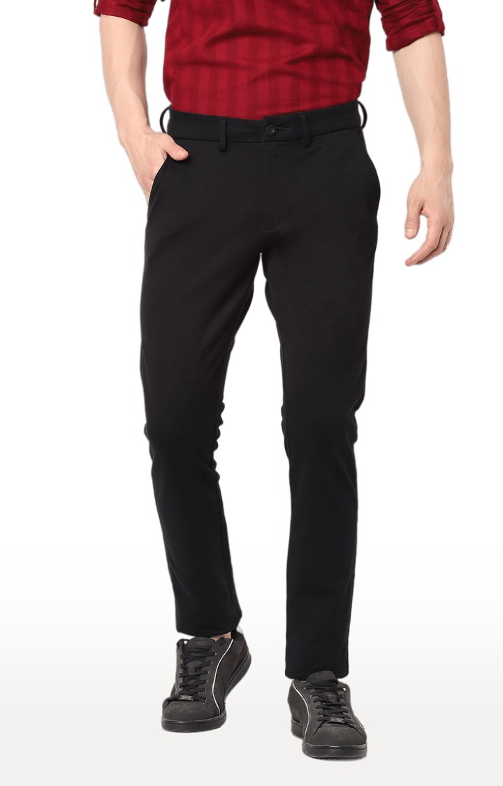 Men's Black Cotton Solid Trouser