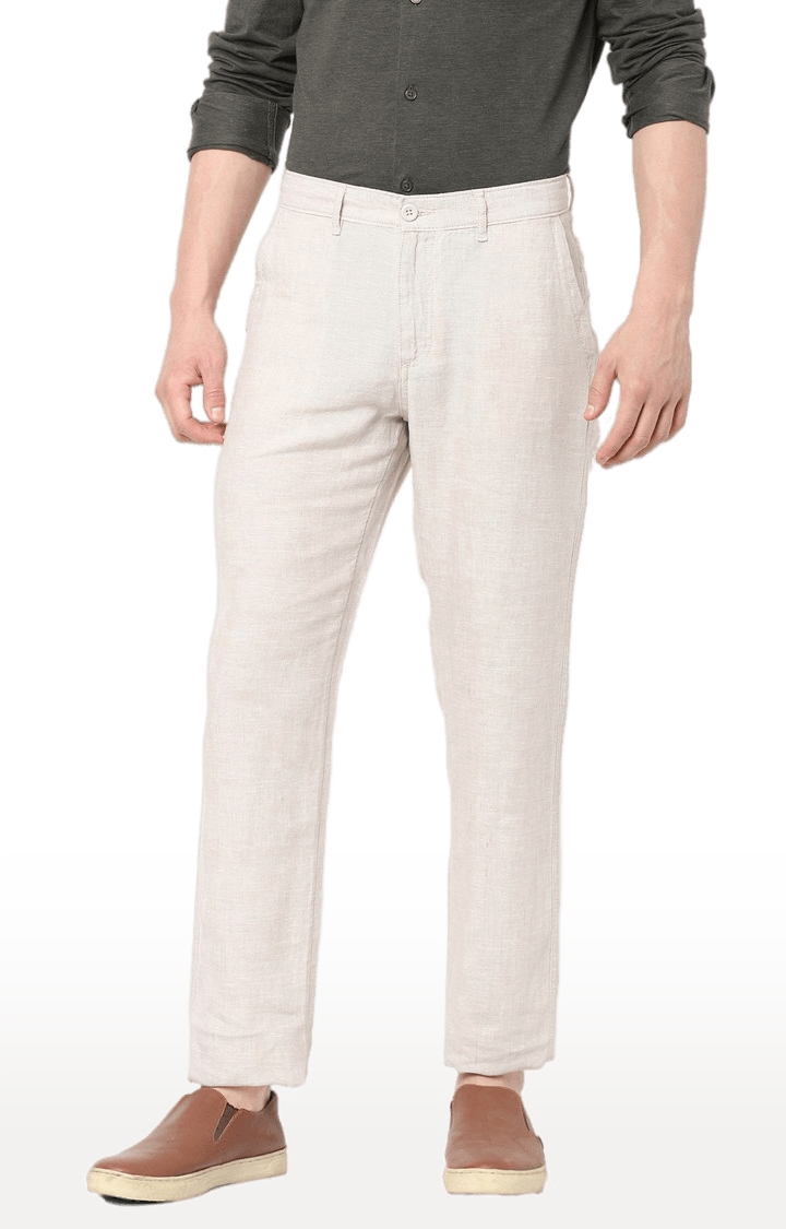 Men's Beige Linen Solid Trouser