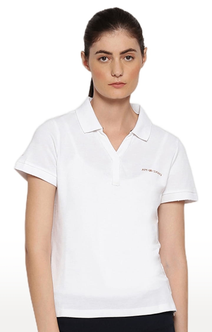Women's White Cotton Solid Polo T-Shirt