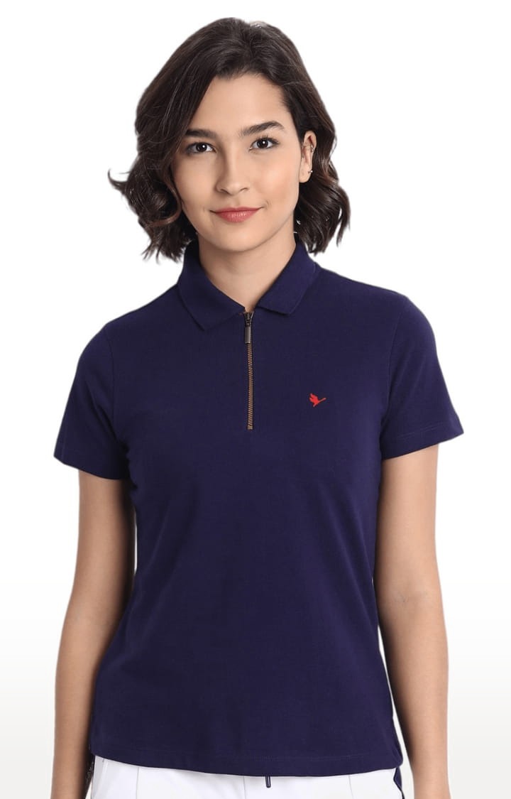 Women's Navy Cotton Solid Polo T-Shirt