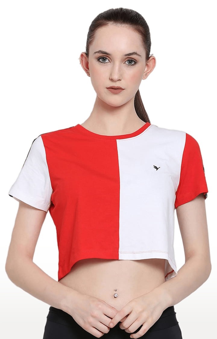 Am Swan | Women's Red and White Cotton Blend Colourblock Crop Top
