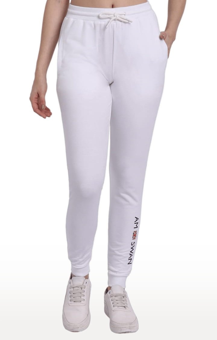 Am Swan | Women's White Cotton Blend Solid Activewear Jogger