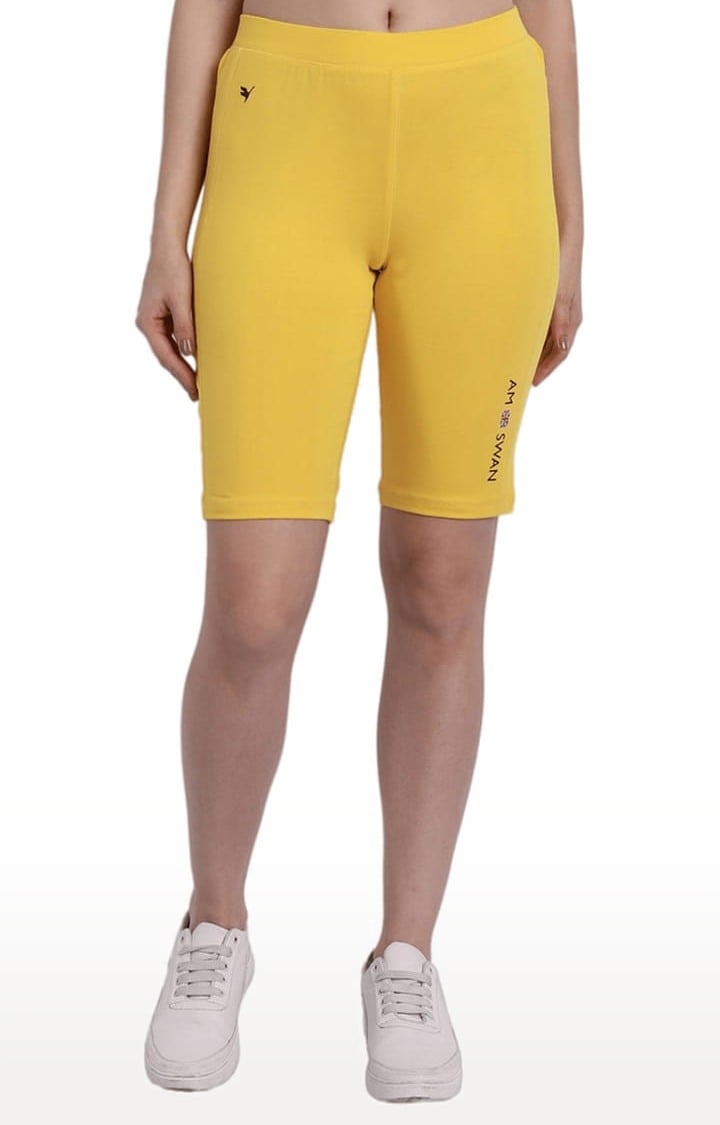 Am Swan | Women's Yellow Cotton Blend Solid Activewear Shorts