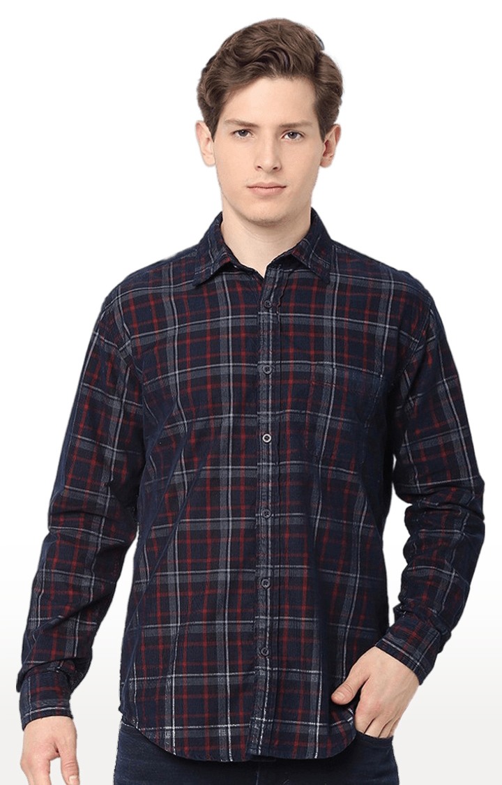 Men's Navy Blue Cotton Checked Casual Shirt