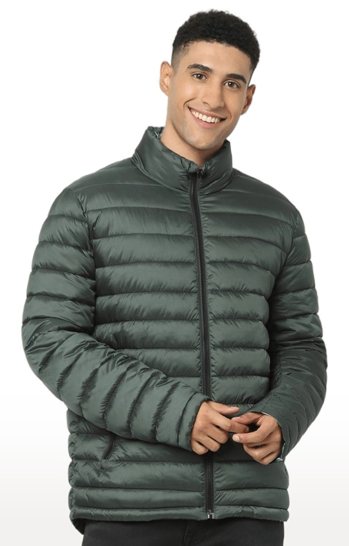 celio | Men's Olive Green Others Solid Bomber Jackets