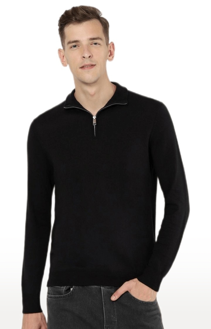 Men's Black Cotton Solid Sweaters