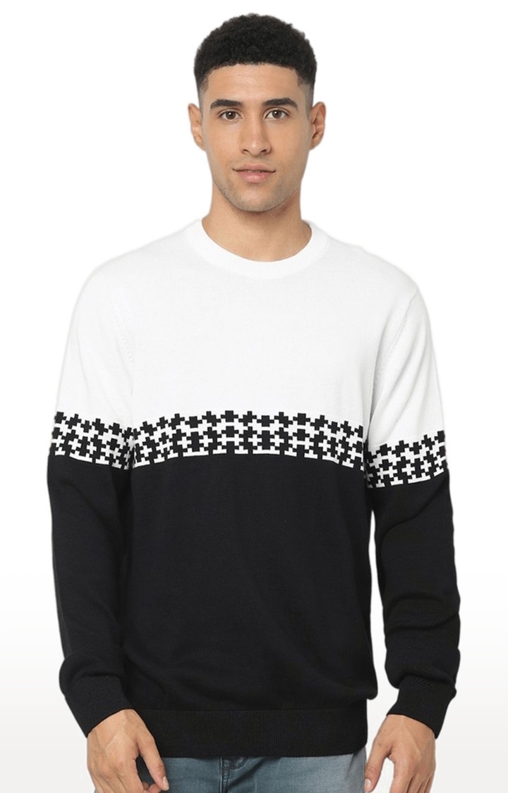 celio | Men's Black and White Cotton Colourblock Sweaters