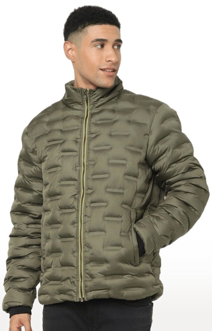 celio | Men's Olive Green Polyester Solid Bomber Jackets