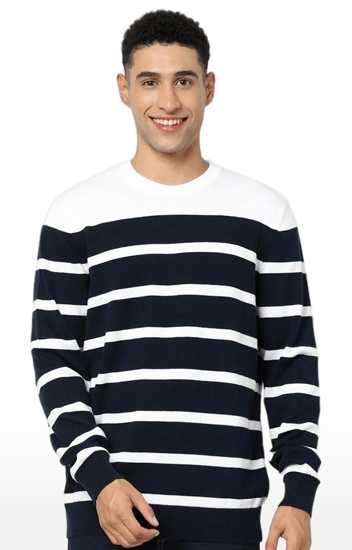 Men's Navy Blue and White Cotton Striped SweatShirt