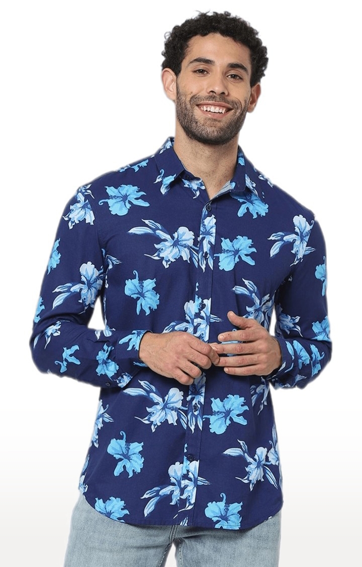 Men's Blue Cotton Floral Printed Casual Shirt