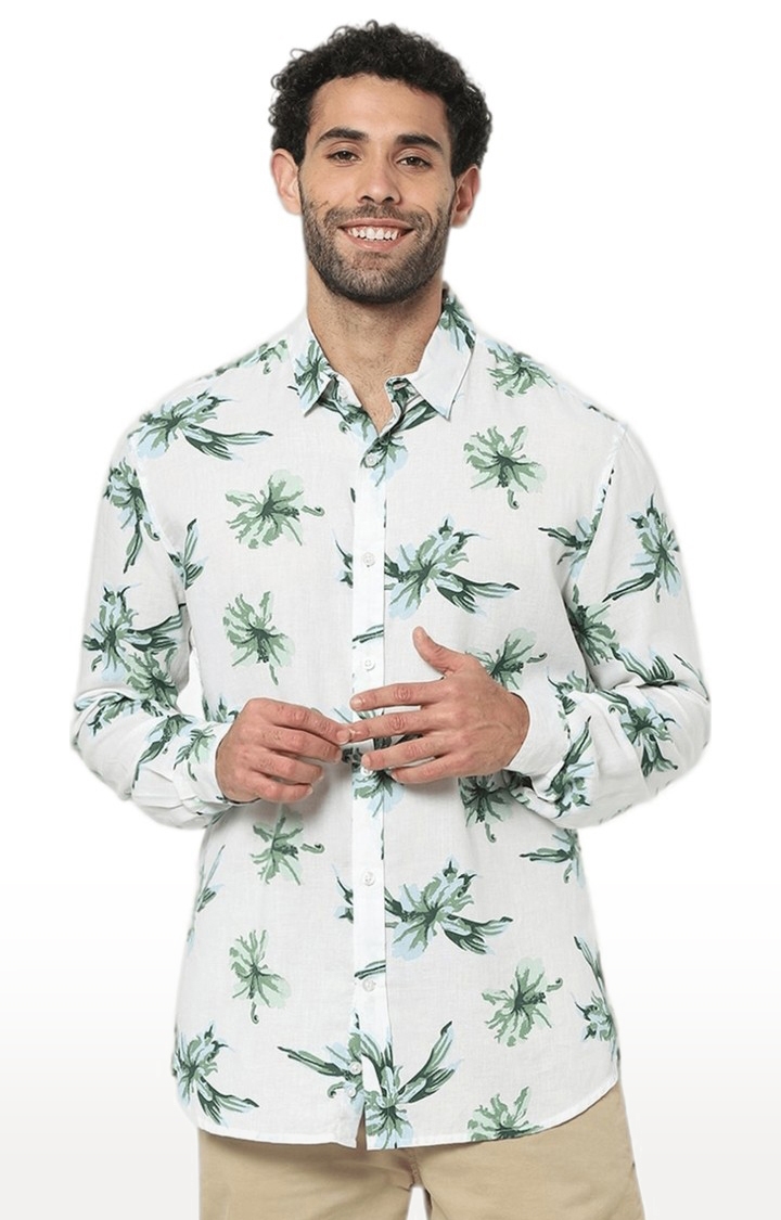 Men's White Cotton Floral Printed Casual Shirt