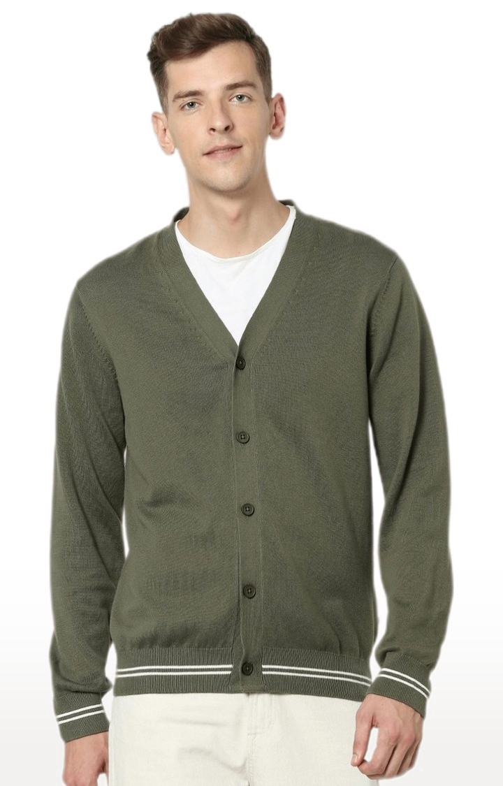 Men's Olive Green Cotton Solid Sweaters