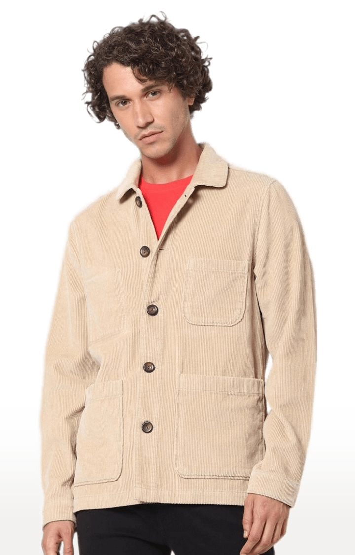 Men's Beige Cotton Solid Western Jackets
