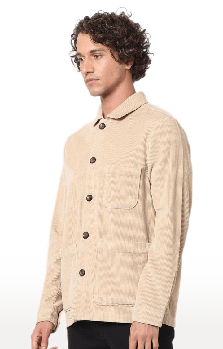 Men's Beige Cotton Solid Western Jackets
