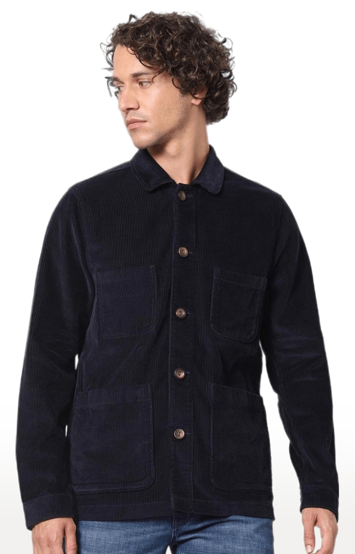 Men's Blue Cotton Solid Western Jackets