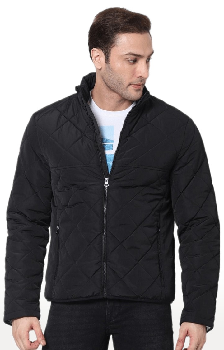 Men's Black Polyester Solid Bomber Jackets