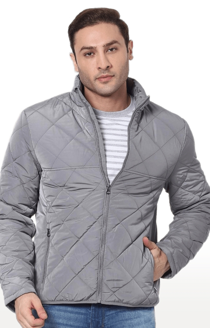 celio | Men's Grey Polyester Solid Bomber Jackets