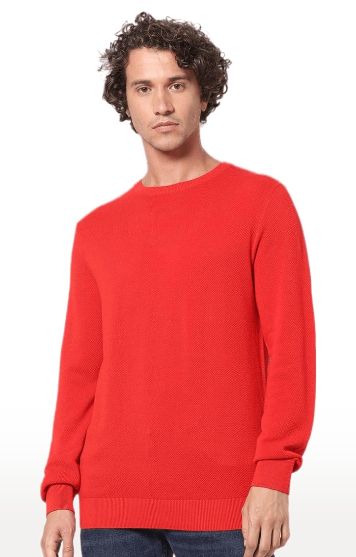 Men's Red Cotton Solid Sweaters
