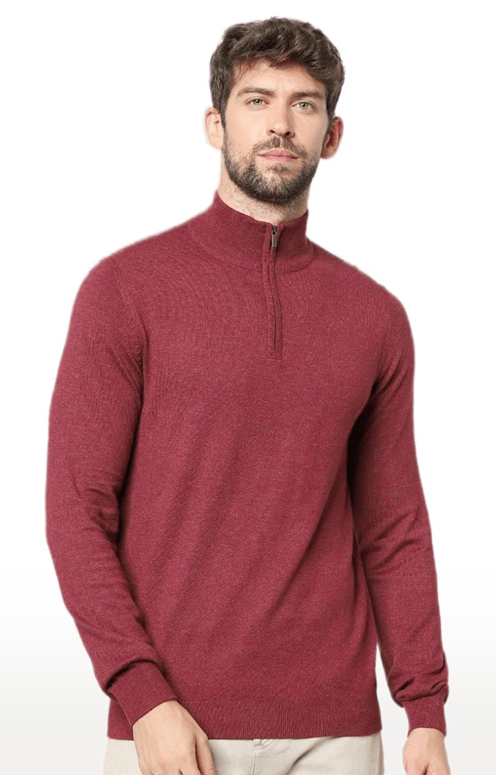 Men's Red Cotton Blend Melange Textured Sweaters