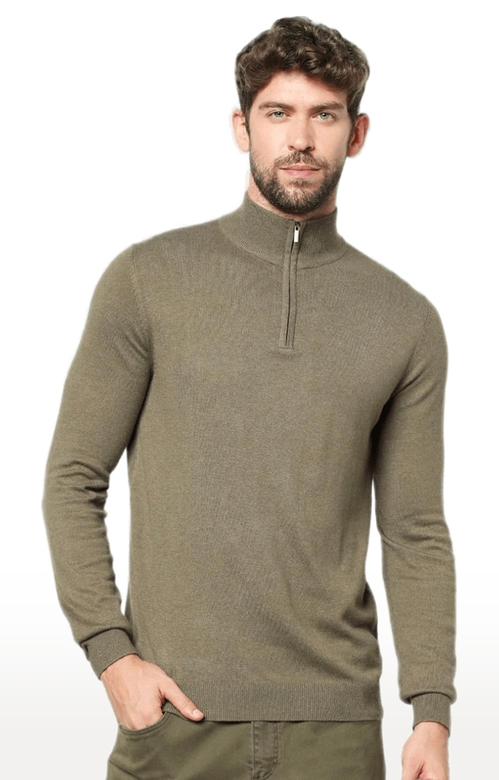 Men's Green Cotton Blend Solid Sweaters