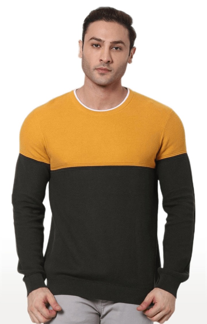 Men's Green and Yellow Cotton Colourblock Sweaters