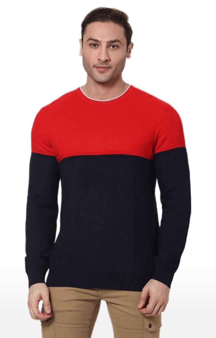 celio | Men's Blue and Red Cotton Colourblock Sweaters