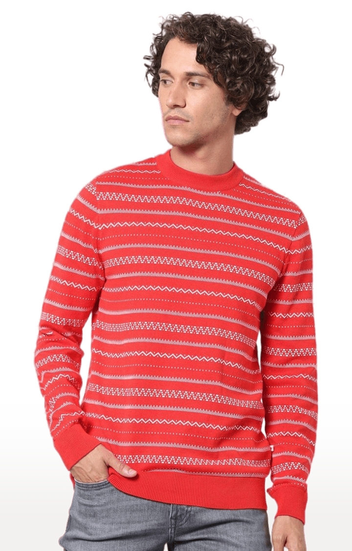 Men's Orange Cotton Striped Sweaters