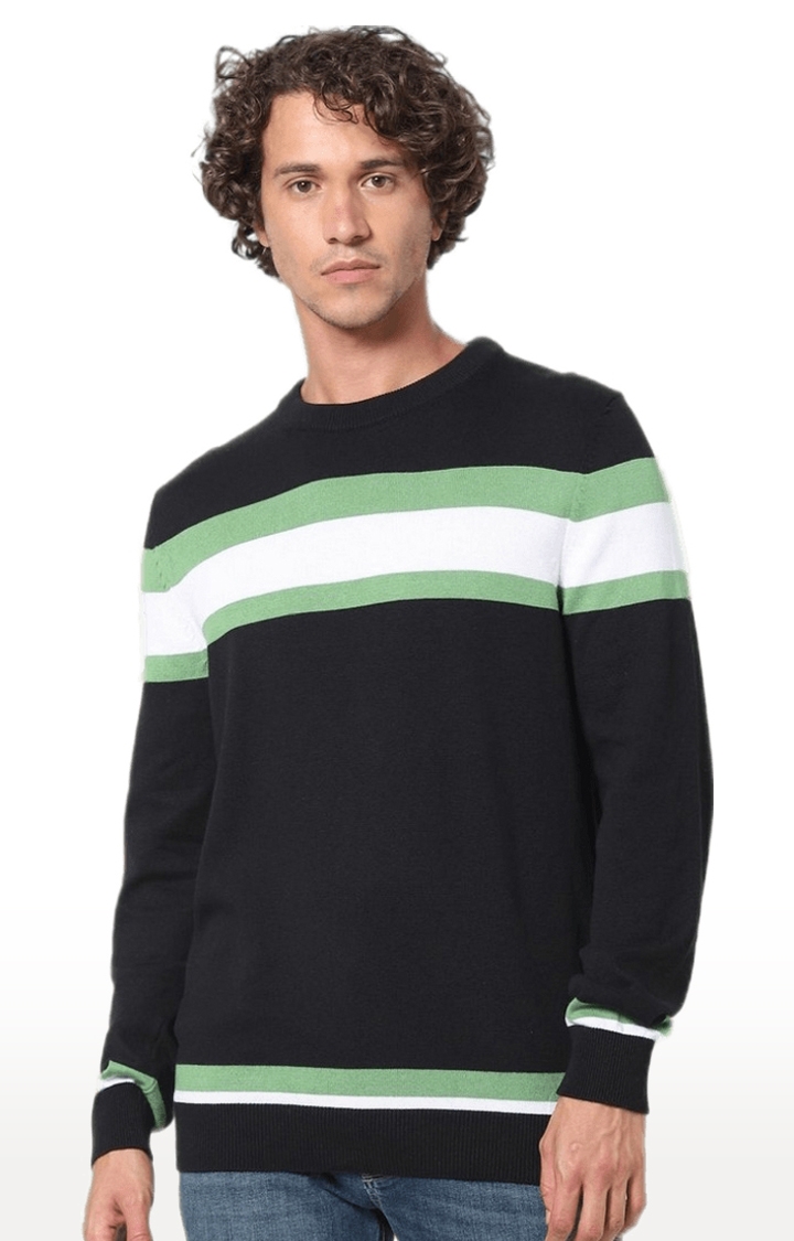 Men's Black Cotton Striped Sweaters