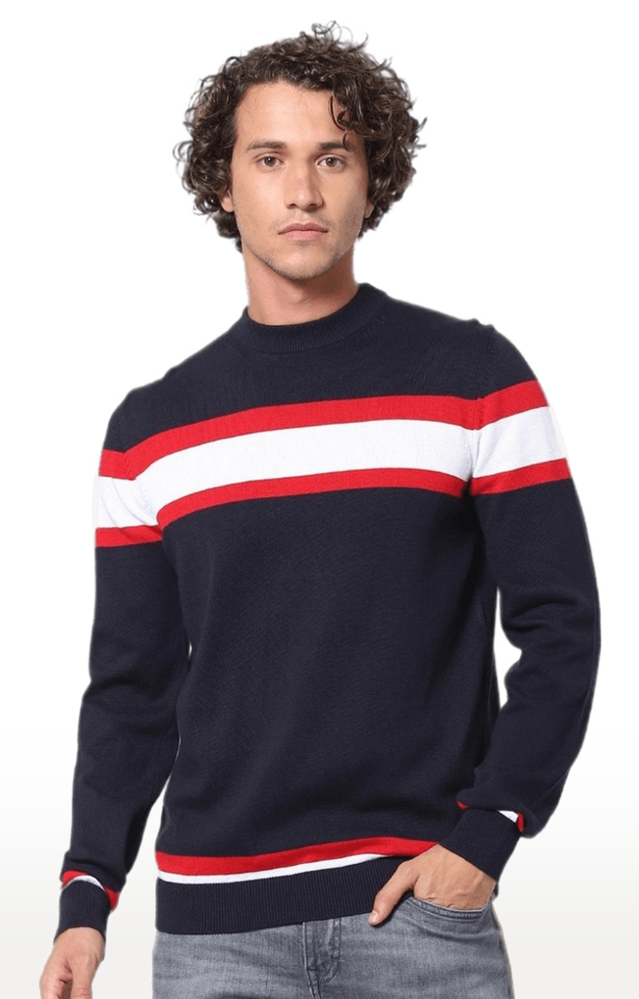 celio | Men's Blue Cotton Striped Sweaters