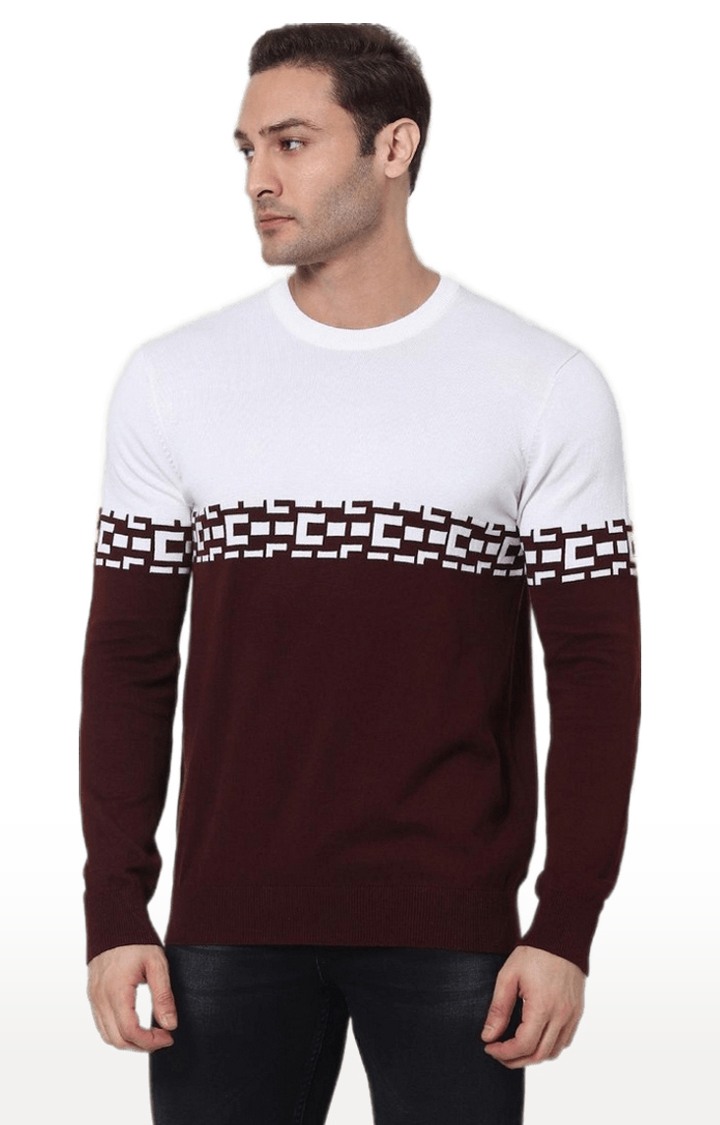 celio | Men's Red and White Cotton Colourblock Sweaters
