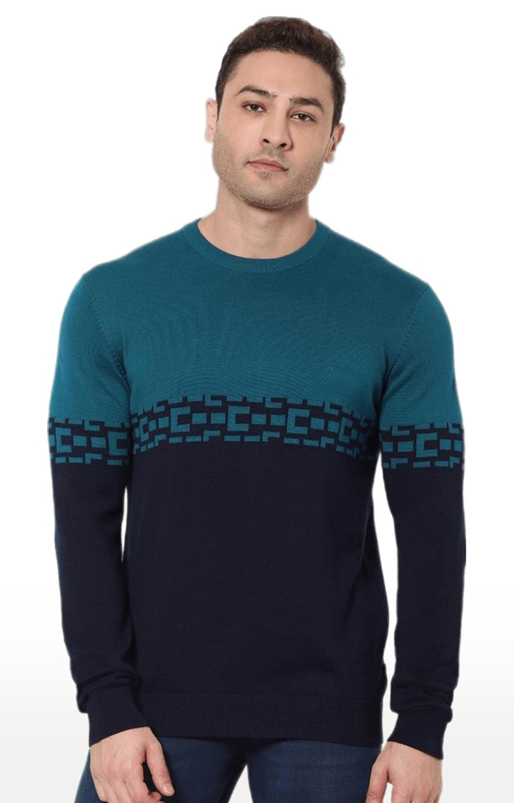 celio | Men's Blue and Green Cotton Colourblock Sweaters
