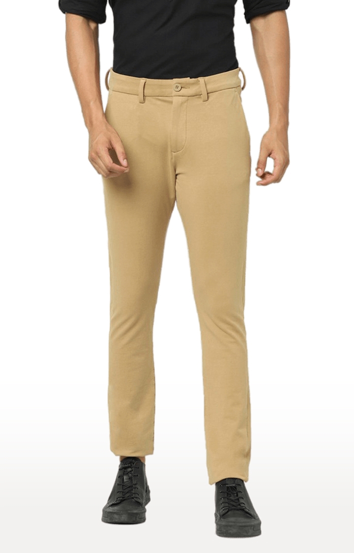 Men's Beige Cotton Solid Trouser