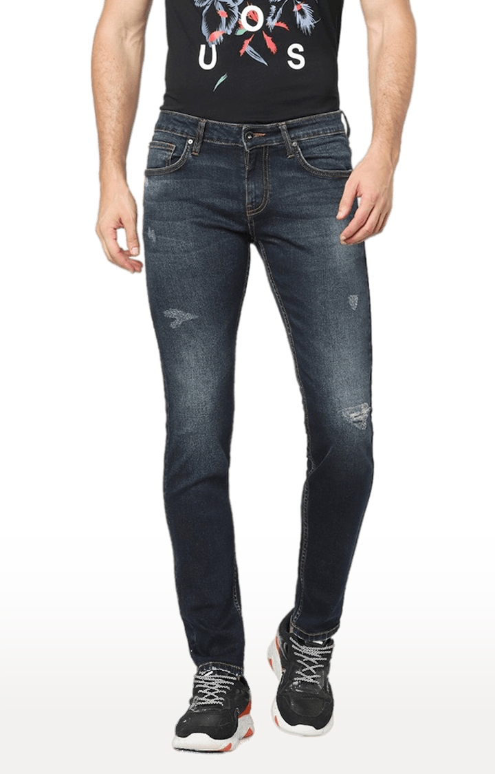 Men's Blue Cotton Solid Ripped Jeans