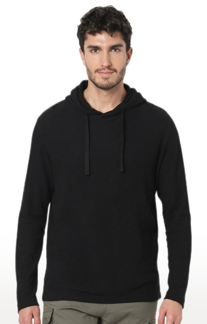 Men's Black Cotton Solid Hoodies