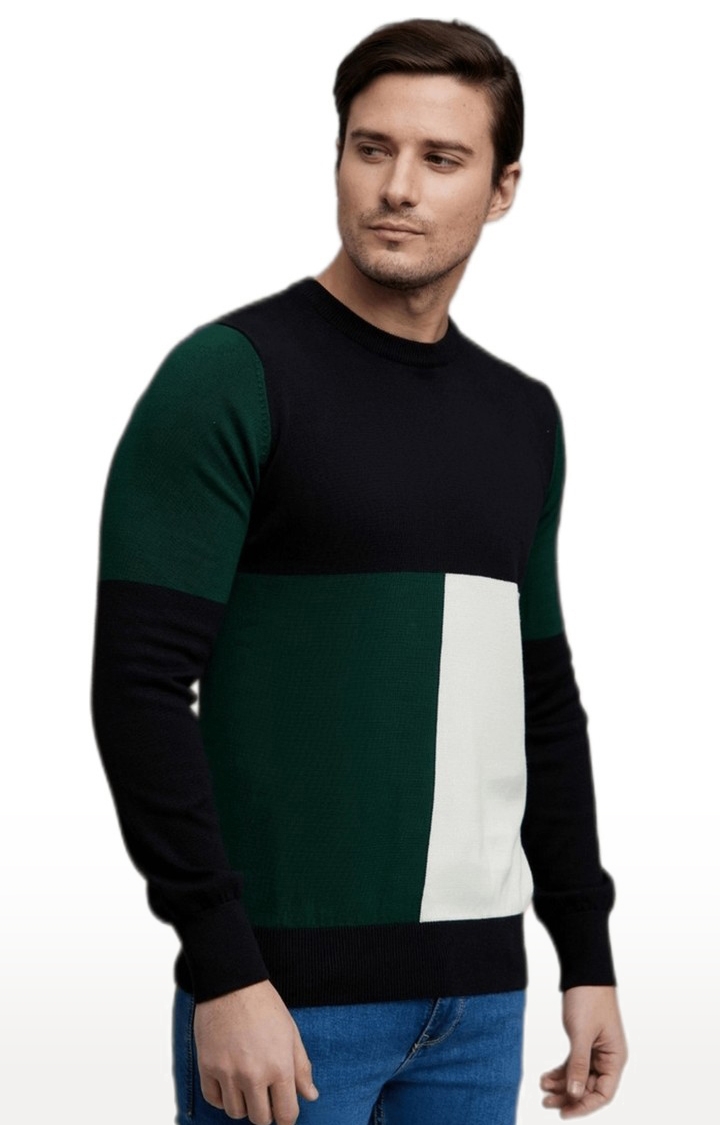 celio | Men's Black and Green Cotton Colourblock Sweaters
