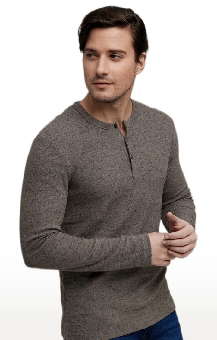 celio | Men's Grey Cotton Blend Melange Textured Regular T-Shirt