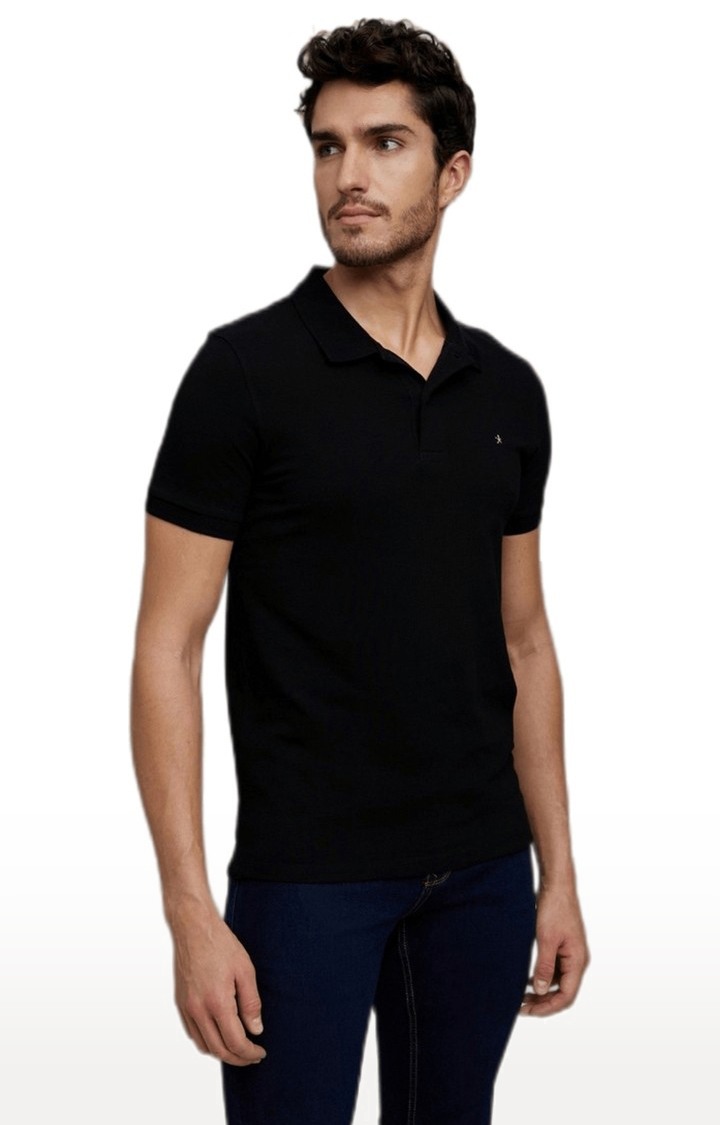 Men's Black Cotton Solid Polos