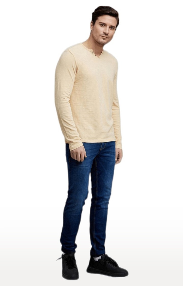Men's Beige Cotton Solid Regular T-Shirt