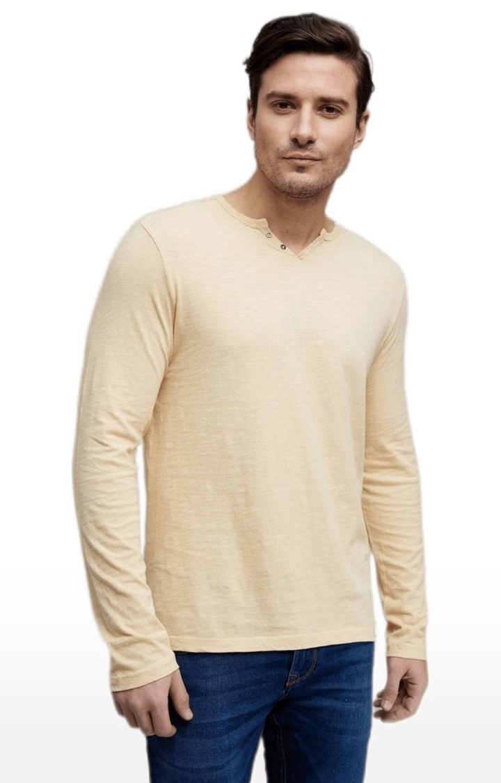 Men's Beige Cotton Solid Regular T-Shirt