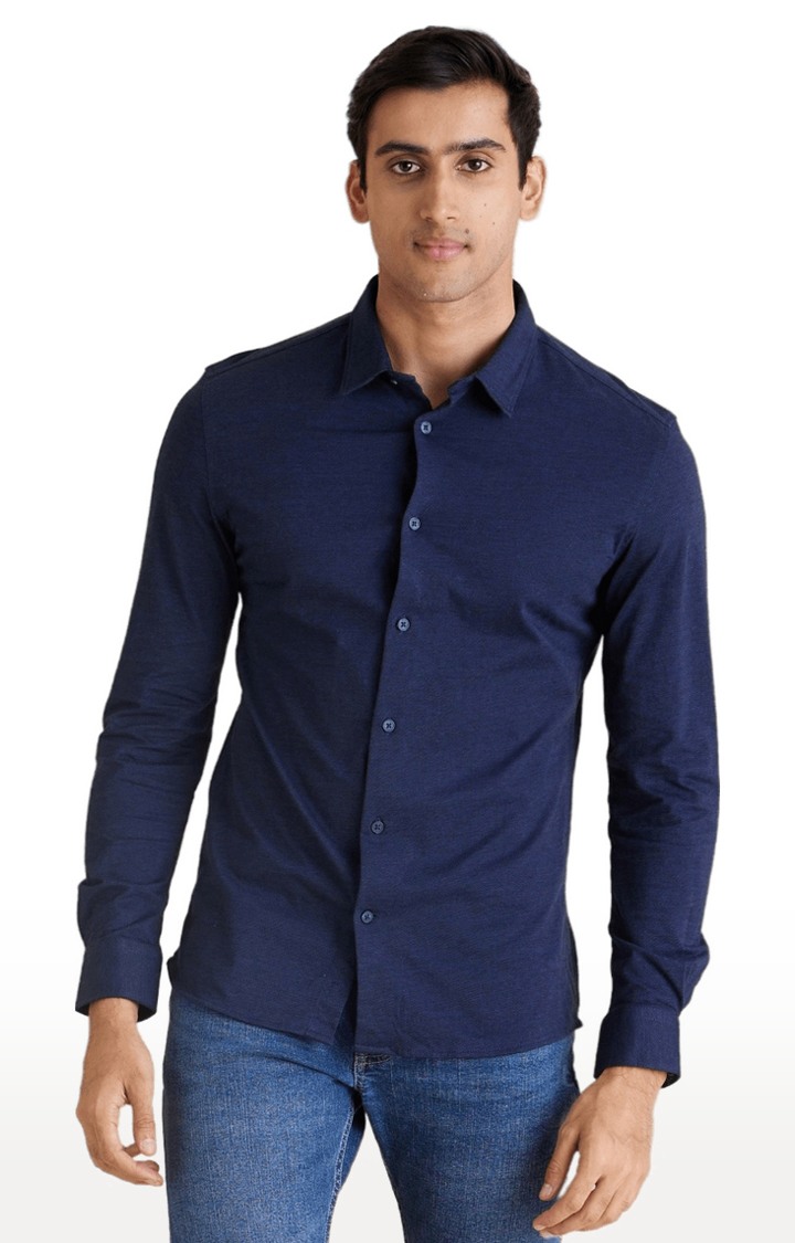 Men's Blue Cotton Solid Casual Shirt