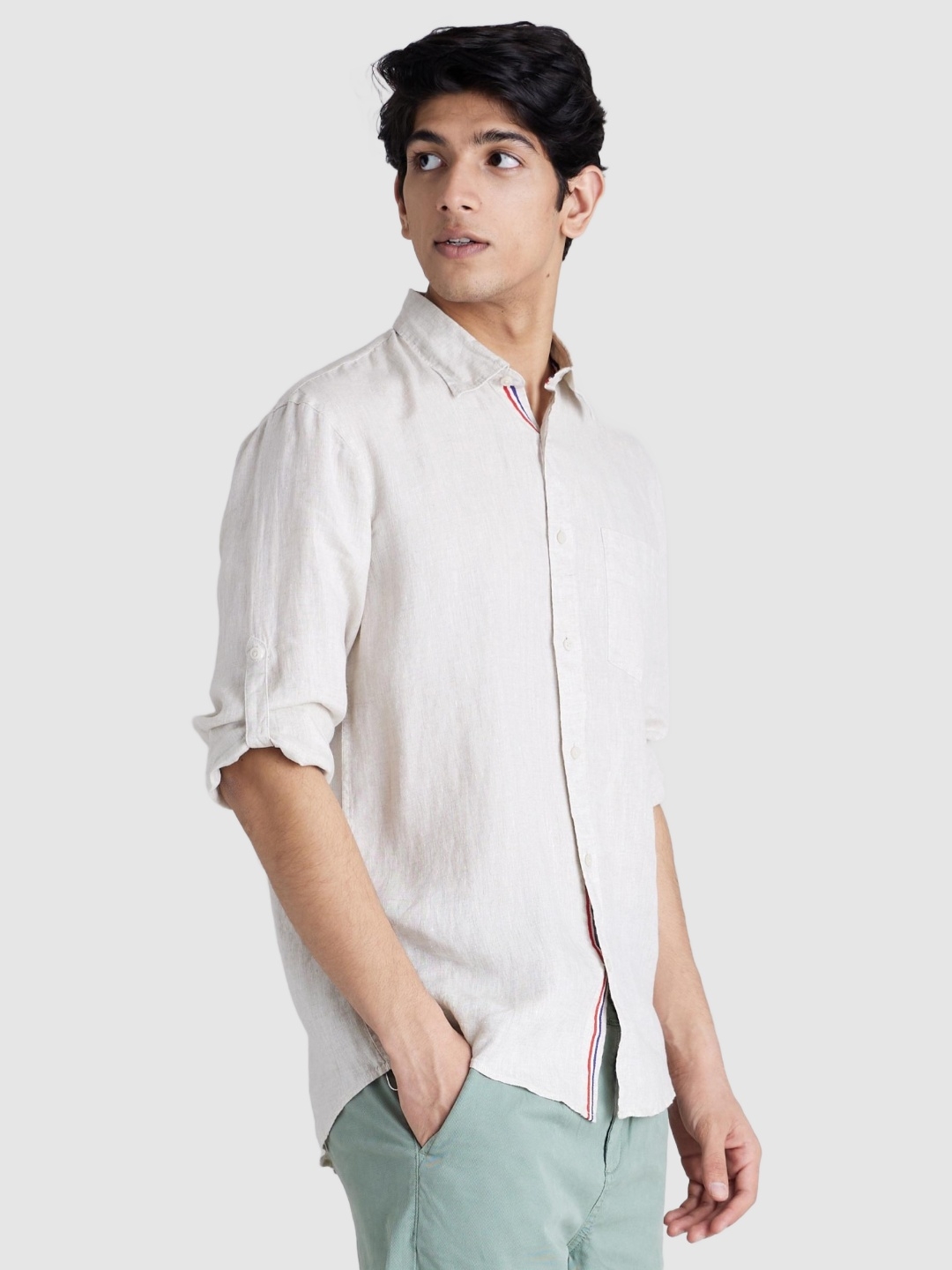 Men's Off White Linen Solid Casual Shirt